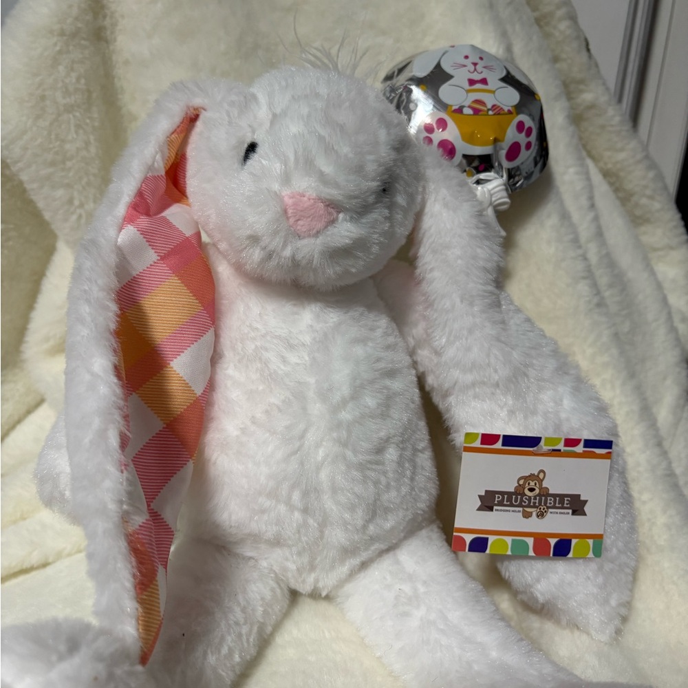Plush Bunny with floppy ears white plaid inner ear NEW 12 inch